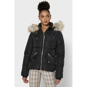 black puffer jacket with white fur hood